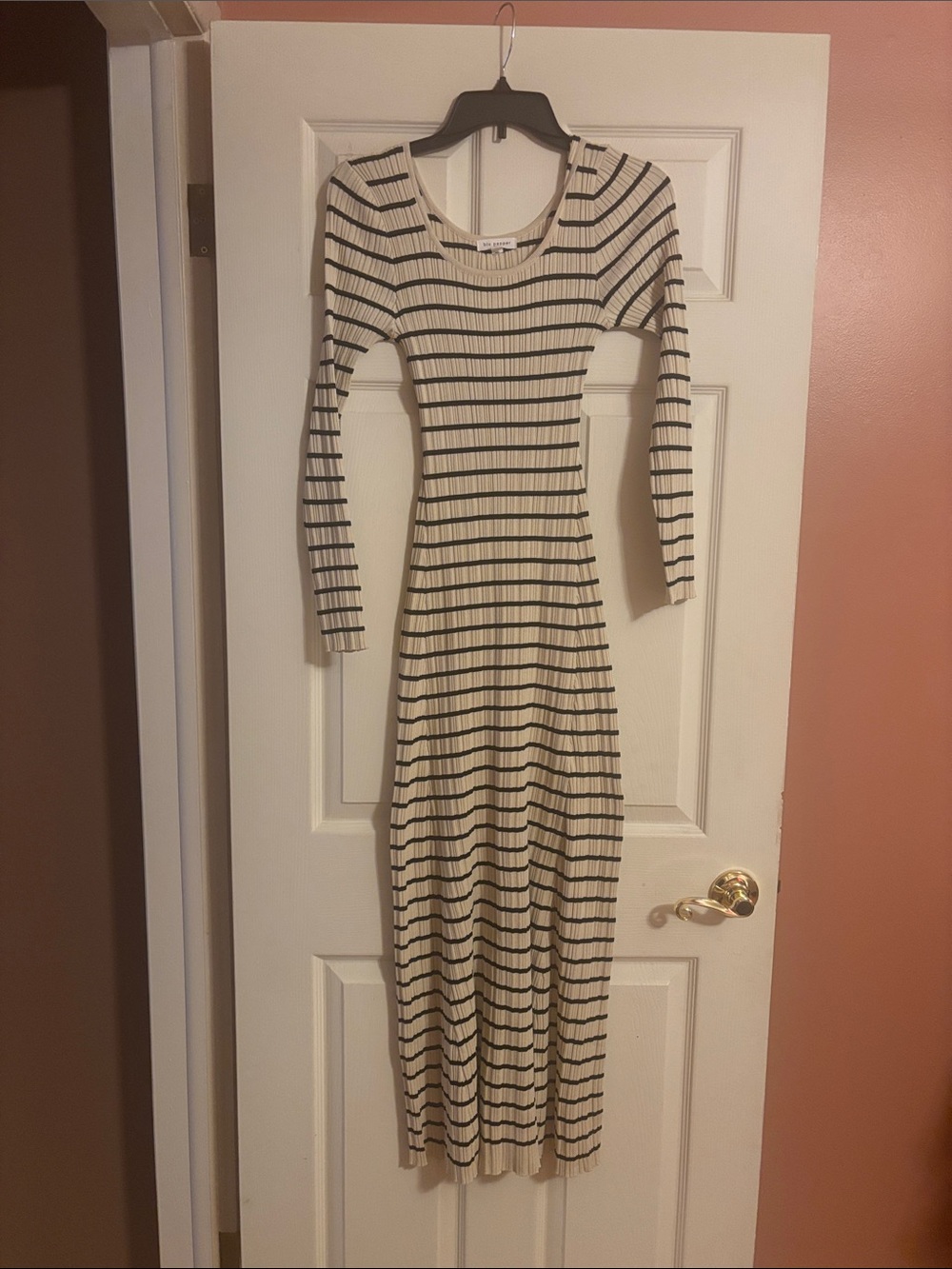 Blu Pepper Cream and Black Striped Rib-Knit Maxi Dress